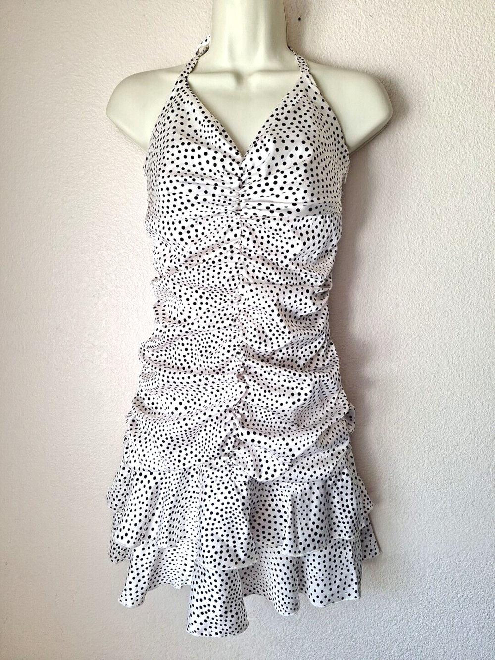 Jessica McClintock Dress Womens 4 Polka Dot 90s Y2K Strapless Ruched Mini Halter